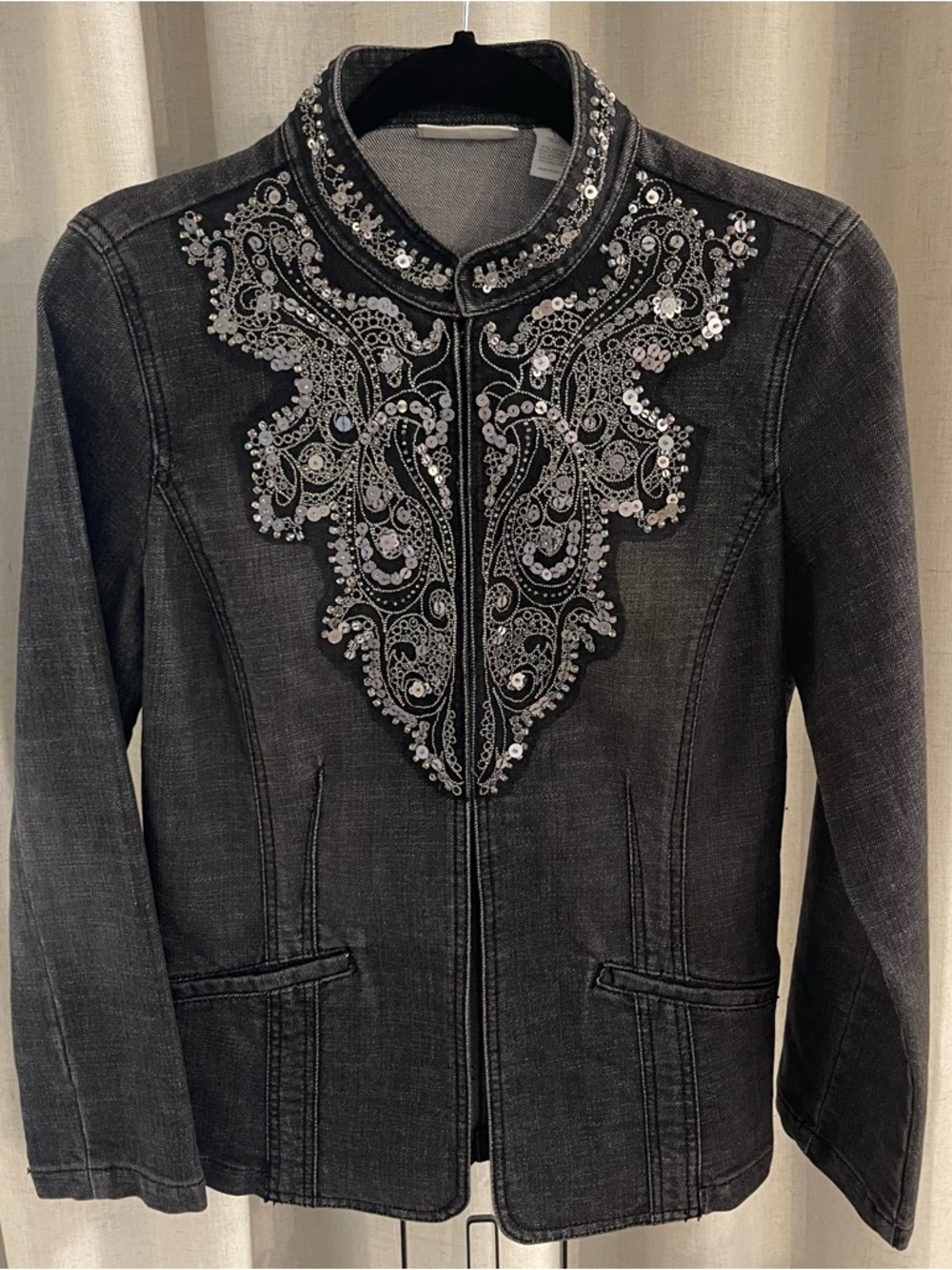 Chico's Black Embellished Denim Jacket with Silver Sequin Detail - Picture 1 of 8